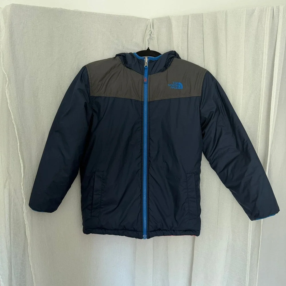 The North Face Reversible Jacket Boys M 10/12 Red Navy Blue Fleece Nylon Hooded